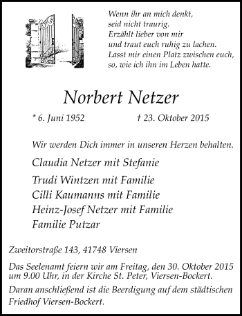 Traueranzeige von Norbert Netzer von Rheinische Post