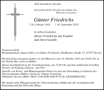 Traueranzeige von Günter Friedrichs von Rheinische Post