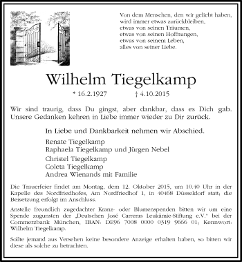 Traueranzeige von Wilhelm Tiegelkamp von Rheinische Post