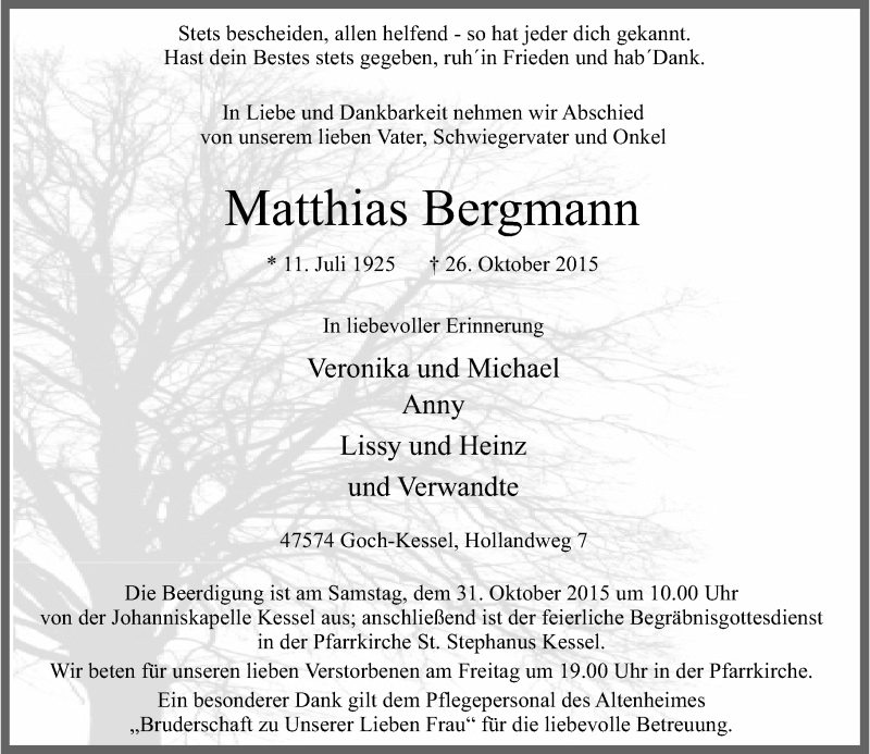  Traueranzeige für Matthias Bergmann vom 28.10.2015 aus Rheinische Post