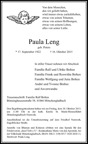 Traueranzeige von Paula Leng von Rheinische Post