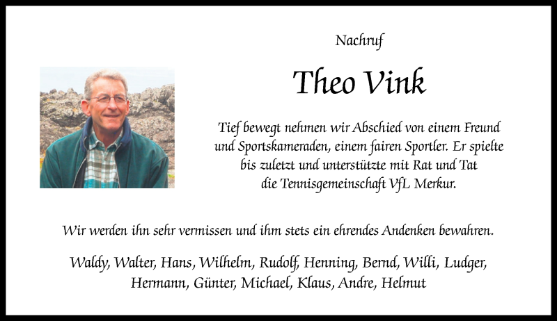  Traueranzeige für Theo Vink vom 16.10.2015 aus Rheinische Post