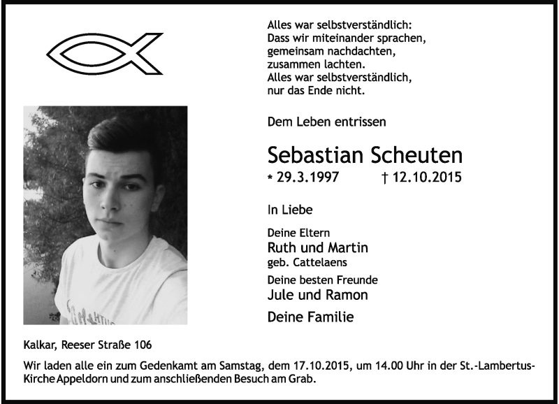  Traueranzeige für Sebastian Scheuten vom 14.10.2015 aus Rheinische Post