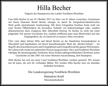 Traueranzeige von Hilla Becher von Rheinische Post