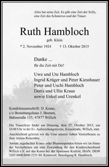 Traueranzeige von Ruth Hambloch von Rheinische Post