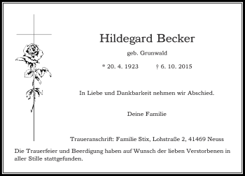 Traueranzeige von Hildegard Becker von Rheinische Post