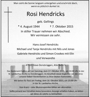 Traueranzeige von Rosi Hendricks von Rheinische Post