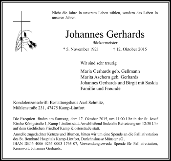 Traueranzeige von Johannes Gerhards von Rheinische Post