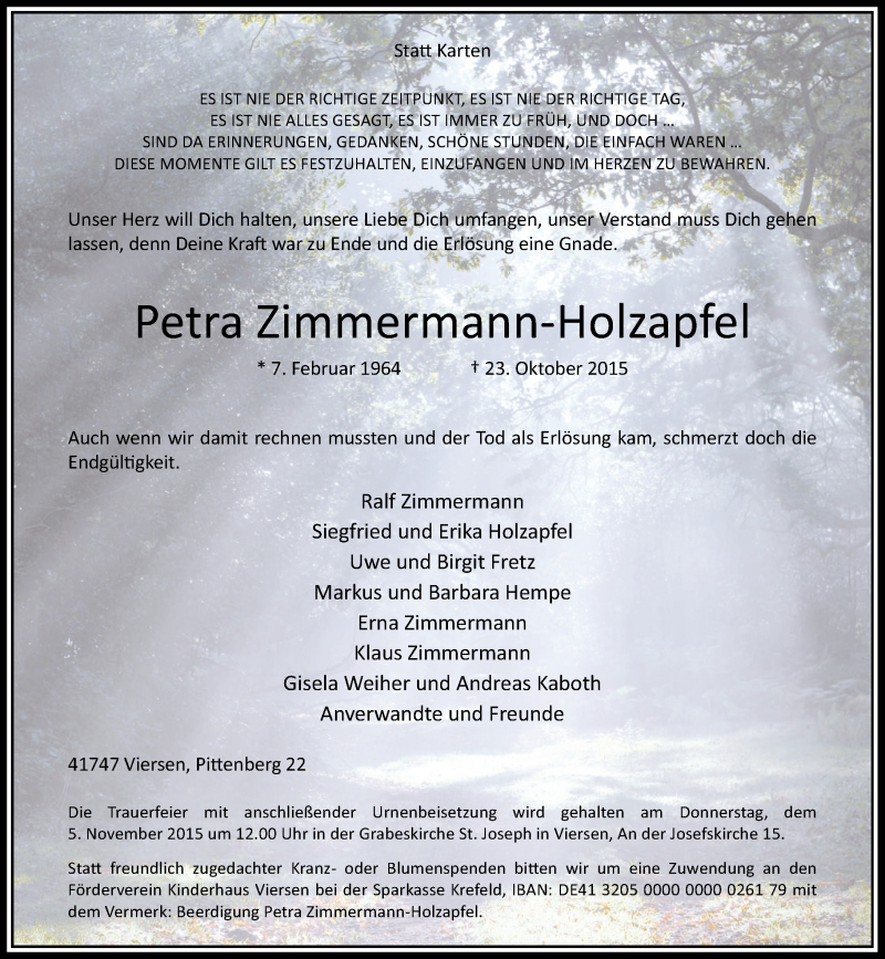  Traueranzeige für Petra Zimmermann-Holzapfel vom 31.10.2015 aus Rheinische Post