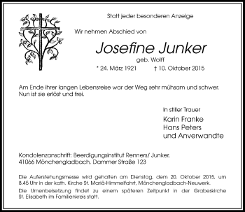 Traueranzeige von Josefine Junker von Rheinische Post
