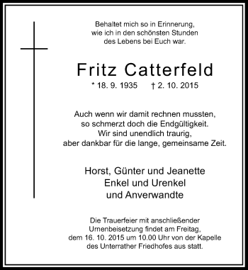 Traueranzeige von Fritz Catterfeld von Rheinische Post
