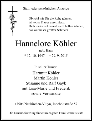 Traueranzeige von Hannelore Köhler von Rheinische Post