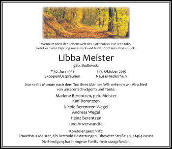 Traueranzeige von Libba Meister von Rheinische Post