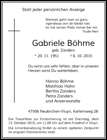 Traueranzeige von Gabriele Böhme von Rheinische Post