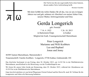Traueranzeige von Gerda Longerich von Rheinische Post