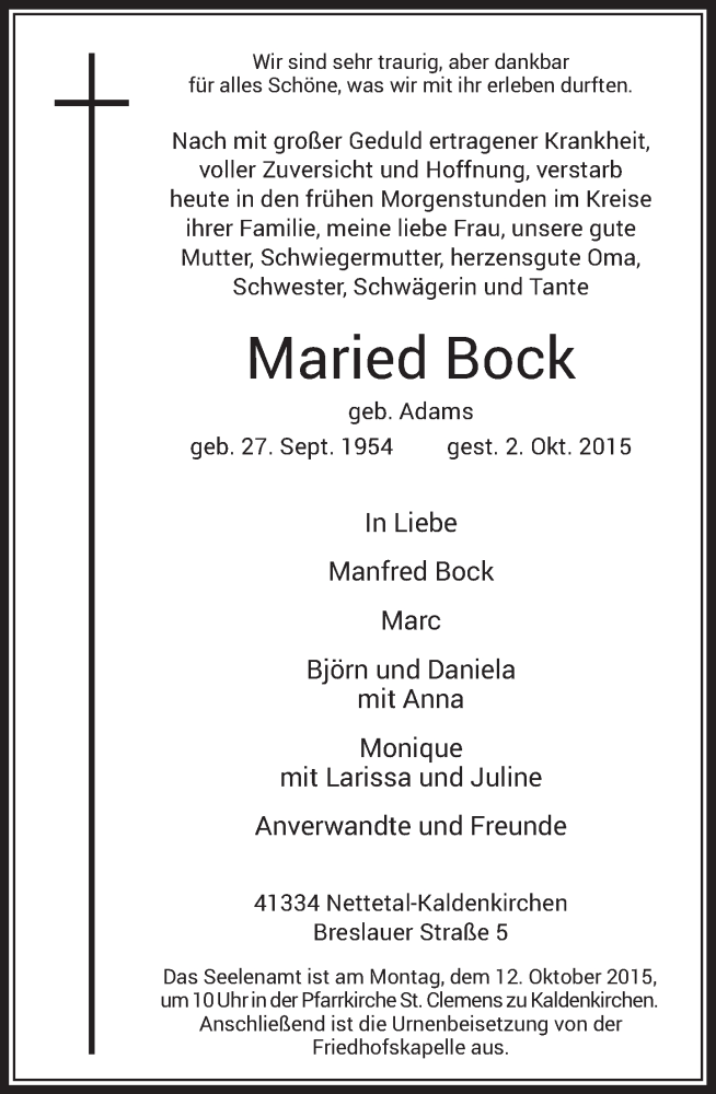  Traueranzeige für Maried Bock vom 05.10.2015 aus Rheinische Post