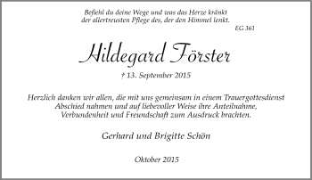 Traueranzeige von Hildegard Förster von Rheinische Post