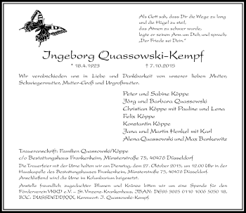 Traueranzeige von Ingeborg Quassowski-Kempf von Rheinische Post