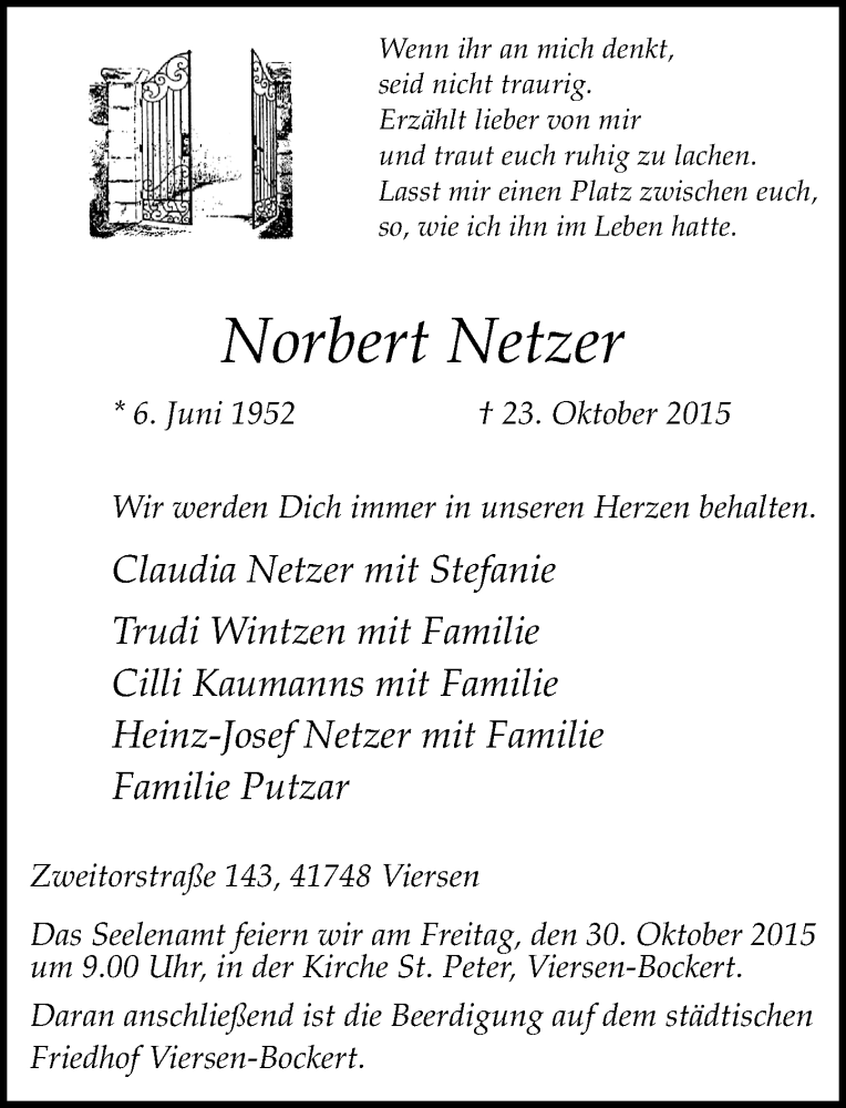  Traueranzeige für Norbert Netzer vom 28.10.2015 aus Rheinische Post