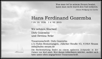 Traueranzeige von Hans Ferdinand Gozemba von Rheinische Post