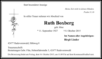 Traueranzeige von Ruth Boxberg von Rheinische Post