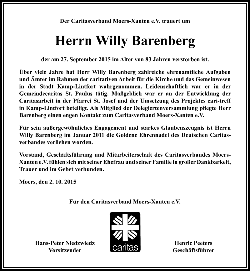  Traueranzeige für Willy Barenberg vom 03.10.2015 aus Rheinische Post