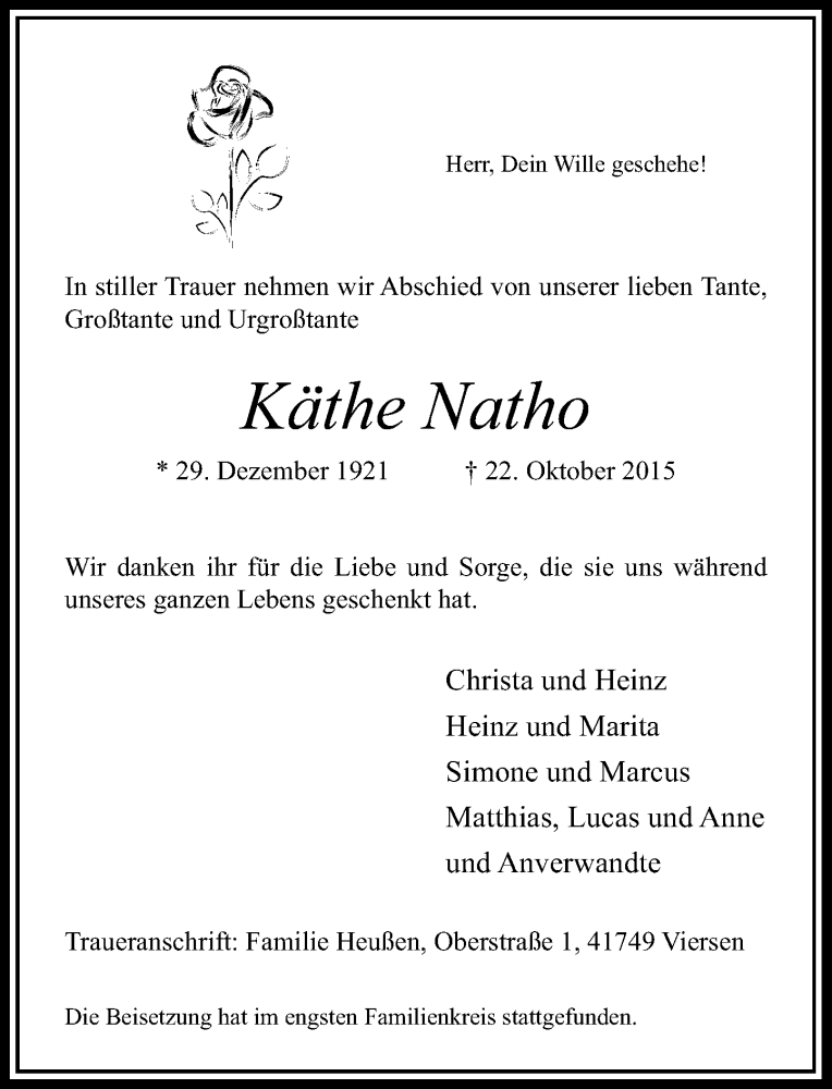  Traueranzeige für Käthe Natho vom 31.10.2015 aus Rheinische Post