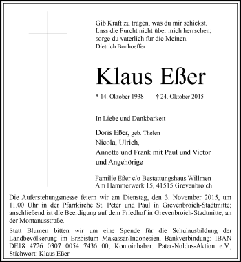 Traueranzeige von Klaus Eßer von Rheinische Post