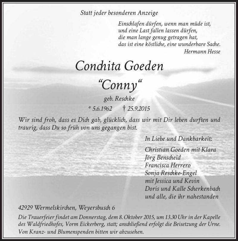  Traueranzeige für Conchita Goeden vom 03.10.2015 aus Rheinische Post