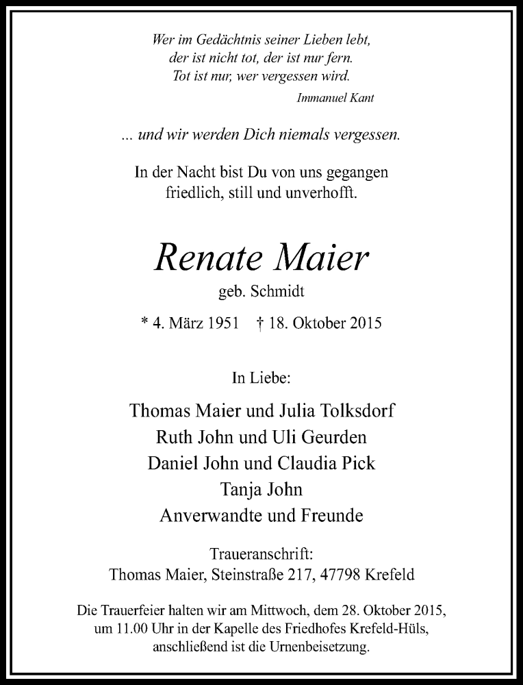  Traueranzeige für Renate Maier vom 24.10.2015 aus Rheinische Post