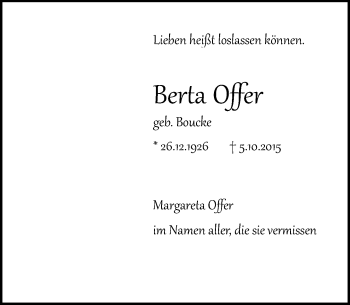 Traueranzeige von Berta Offer von Rheinische Post