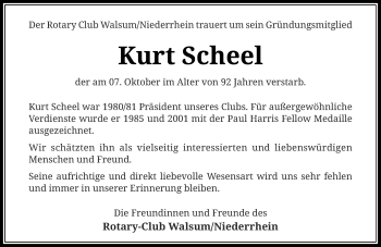 Traueranzeige von Kurt Scheel von Rheinische Post