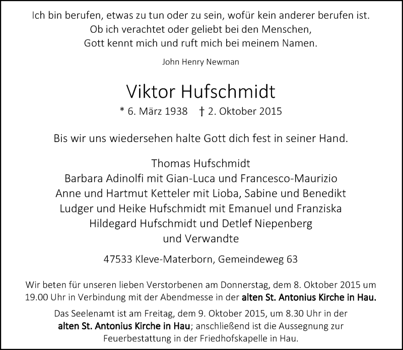  Traueranzeige für Viktor Hufschmidt vom 06.10.2015 aus Rheinische Post