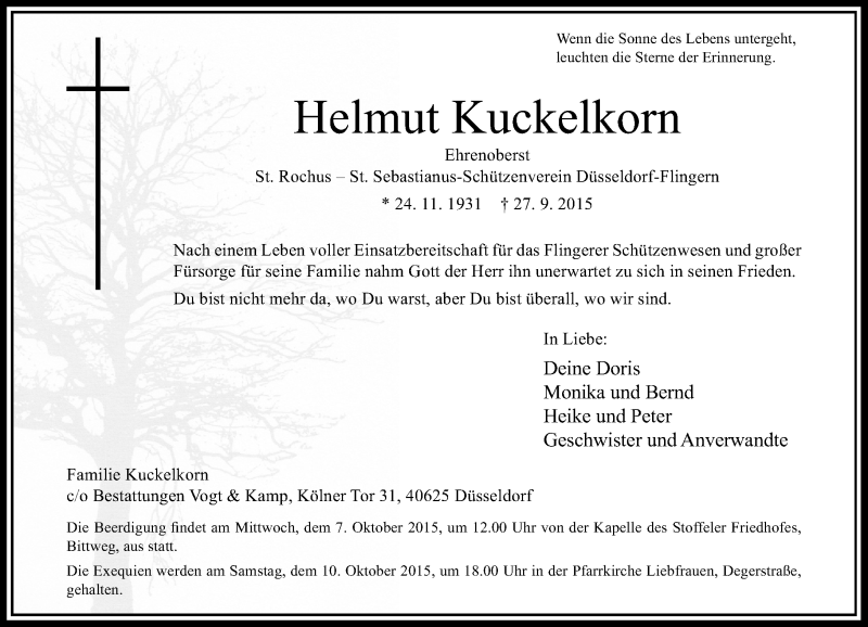  Traueranzeige für Helmut Kuckelkorn vom 03.10.2015 aus Rheinische Post
