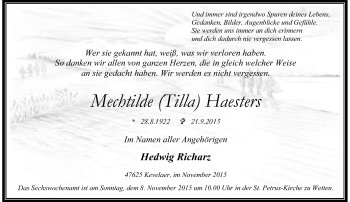 Traueranzeige von Mechtilde Tilla Haesters von Rheinische Post