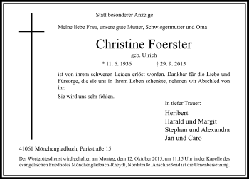 Traueranzeige von Christine Foerster von Rheinische Post