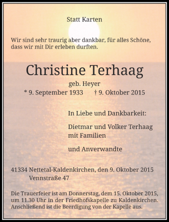 Traueranzeige von Christine Terhaag von Rheinische Post