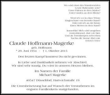 Traueranzeige von Claude Hoffmann-Magerke von Rheinische Post