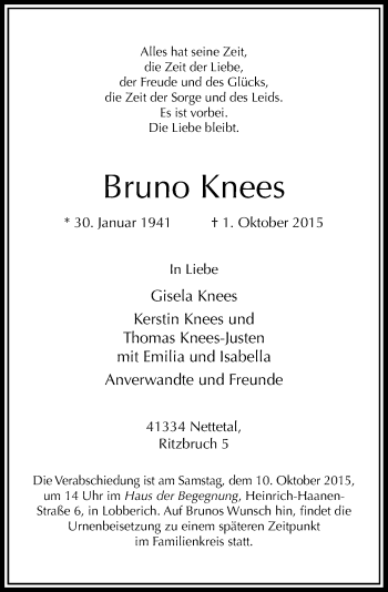 Traueranzeige von Bruno Knees von Rheinische Post
