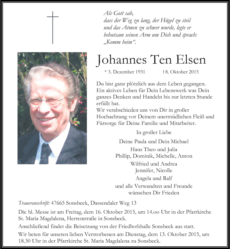  Traueranzeige für Johannes Ten Elsen vom 10.10.2015 aus Rheinische Post