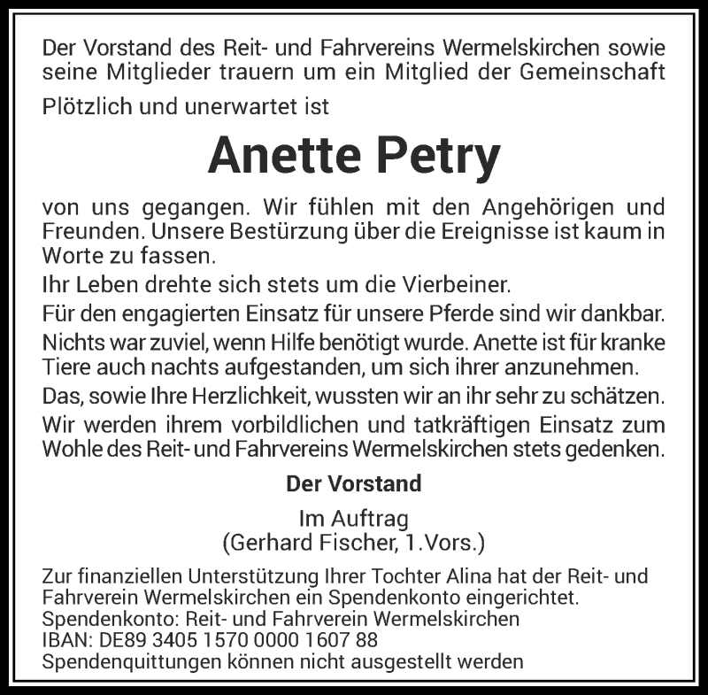  Traueranzeige für Anette Petry vom 19.10.2015 aus Rheinische Post