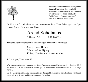 Traueranzeige von Arend Schotanus von Rheinische Post