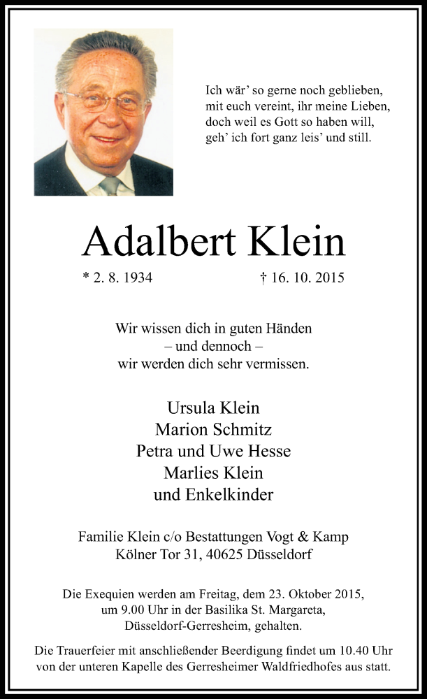  Traueranzeige für Adalbert Klein vom 21.10.2015 aus Rheinische Post