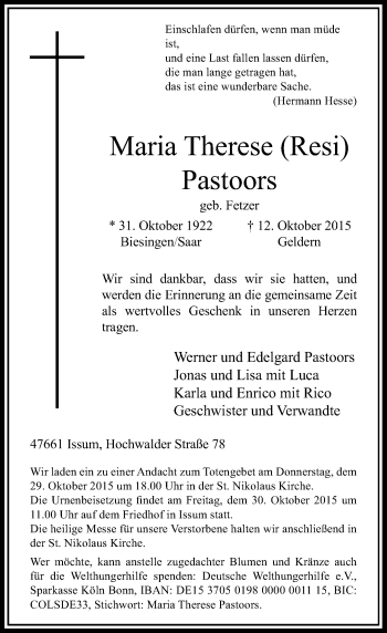 Traueranzeige von Maria Therese Pastoors von Rheinische Post
