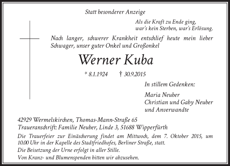  Traueranzeige für Werner Kuba vom 03.10.2015 aus Rheinische Post