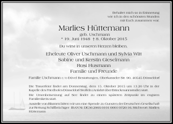 Traueranzeige von Marlies Hüttemann von Rheinische Post