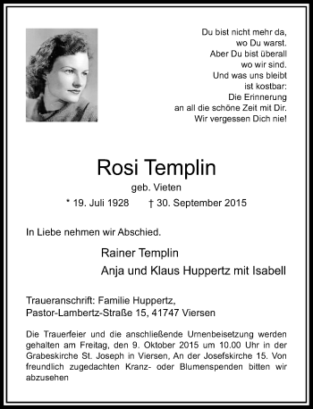 Traueranzeige von Rosi Templin von Rheinische Post