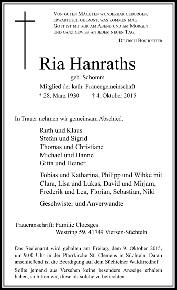 Traueranzeige von Ria Hanraths von Rheinische Post