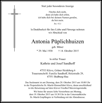 Traueranzeige von Antonia Püplichhuizen von Rheinische Post