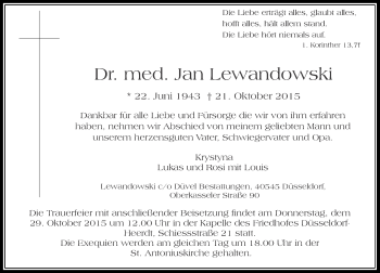 Traueranzeige von Jan Lewandowski von Rheinische Post